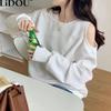 Spring Autumn Round Neck Off the Shoulder All-match Casual Sweatshirt Ladies Hollow Out Solid Color Top Women Oversized Pullover