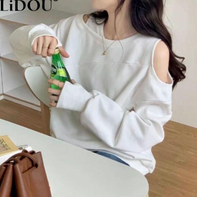 Spring Autumn Round Neck Off the Shoulder All-match Casual Sweatshirt Ladies Hollow Out Solid Color Top Women Oversized Pullover