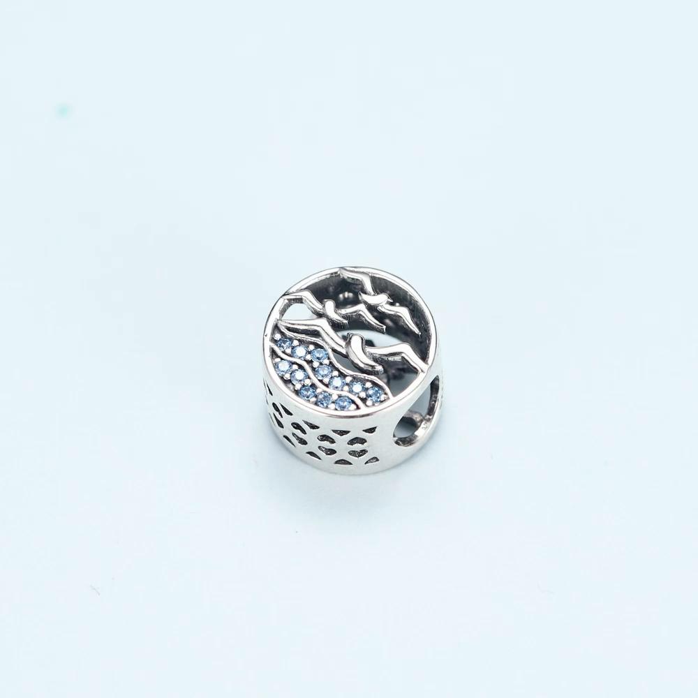 WOSTU Seagulls Charm 925 Sterling Silver Blue Zircon Round Beads Pendant Fit Bracelet Or Necklace