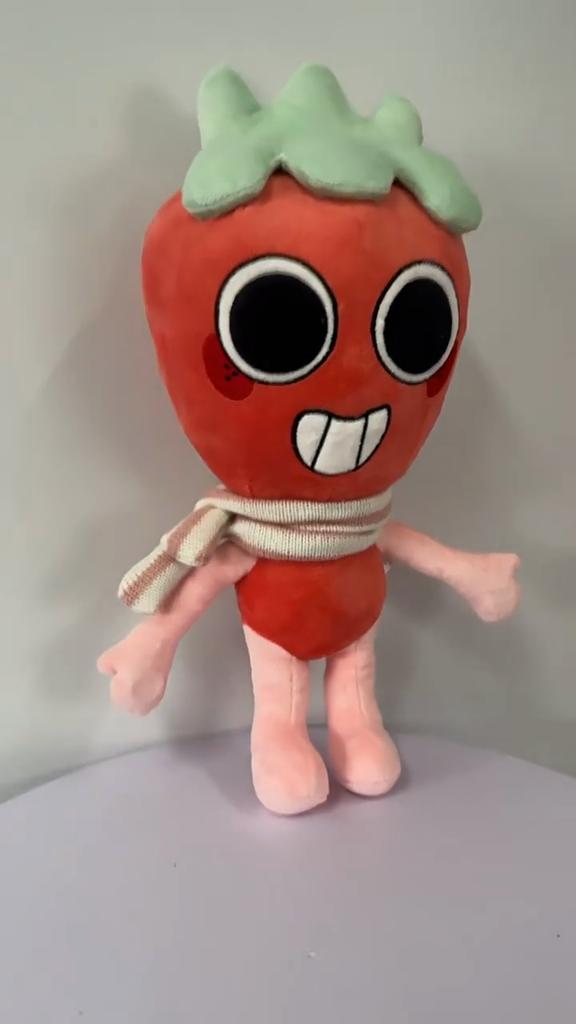 Neues Dandy's World Sprout Plüschtier Erdbeer-Charakter mit rosa-weißem Schal Weiche Stoffpuppe hält Cupcake für Kinder Geschenk & Fan-Sammlung