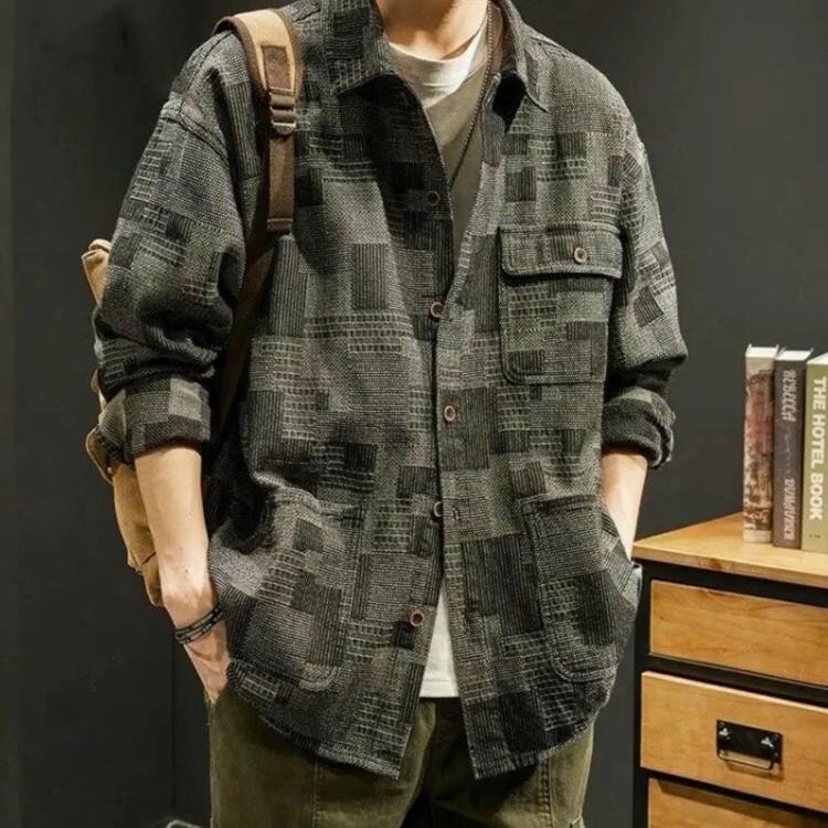 American Vintage Männer Plaid Arbeitshemd Mantel Frühling Herbst Mode Neue männliche Kleidung beiläufige lose schwarz grau Langarm Jacken