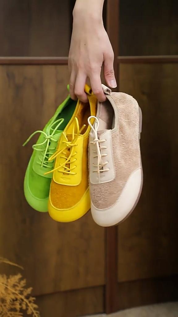 Johnature Genuine Leather Splicing Suede Soft Sole Comfortable Sports Shoes Lightweight Women's Flat Shoes