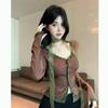 Retro Girlish Lace Patchwork V-neck Base Shirt for Women's Maillard Outfit Hanging Neck and Flowing Ribbon Slim Fit Top