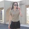 Women's Spring and Summer T-shirt Lapel Button Short High Waist Slim Slim Half Sleeve T-shirt Women's Stretch Top