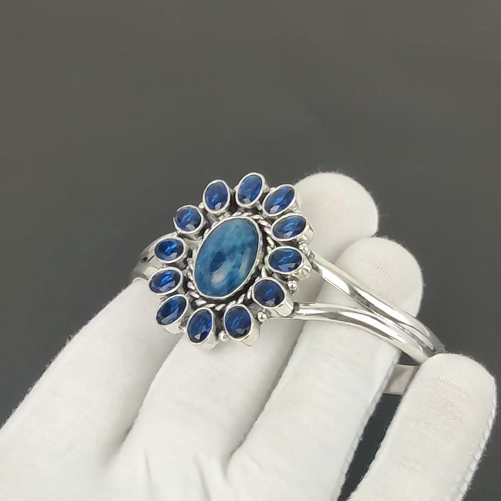 Natural Sodalite Gemstone Handmade Cuff Bangle 925 Sterling Silver Cuff Bangle, Blue Sapphire Flower Shape Bracelet For Wife, Unisex Bangle