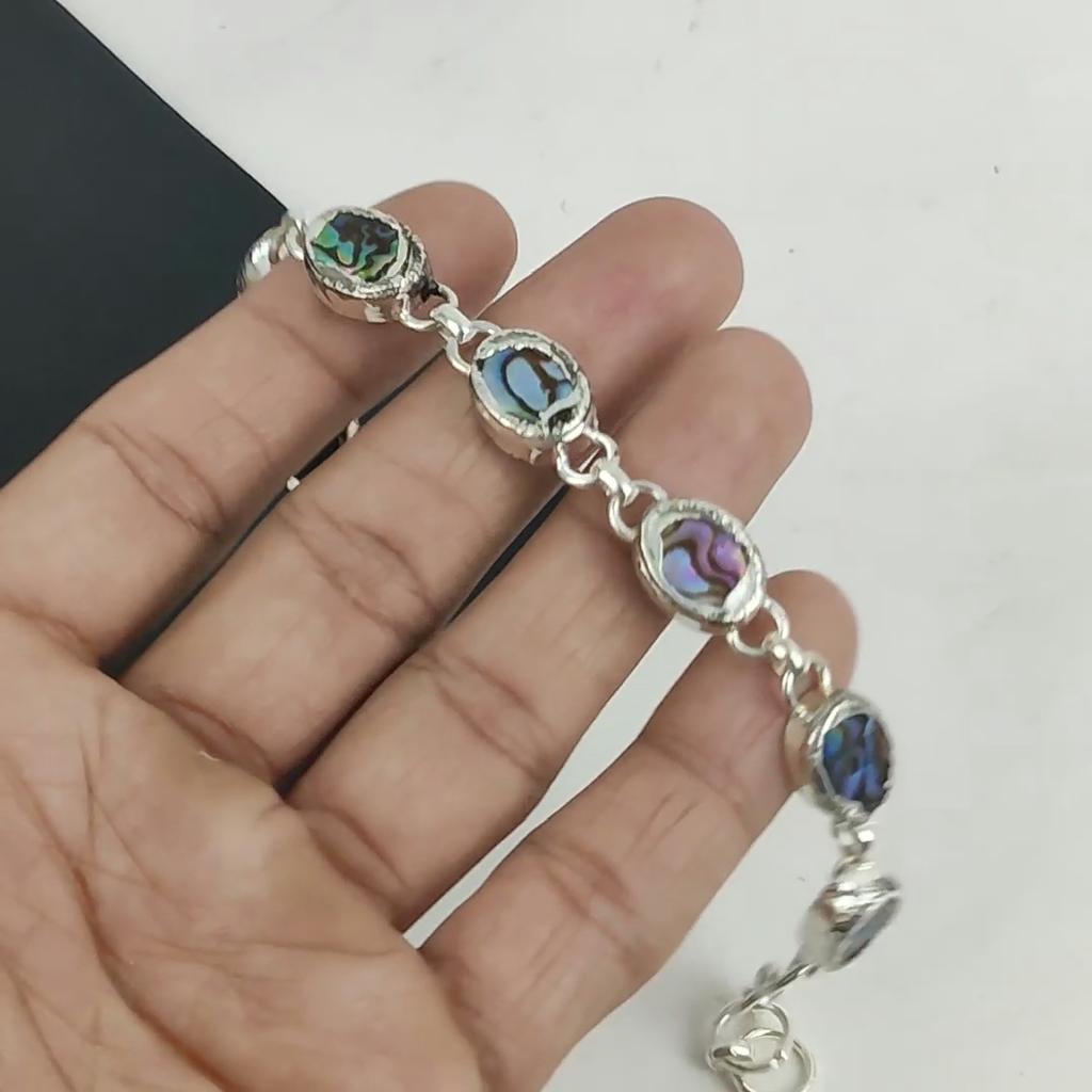 Bransoletka z muszli abalone z kamieni szlachetnych, ręcznie robiona, srebro próby 925, bransoletka z muszli abalone dla żony, bransoletka unisex, prezent na dzień matki