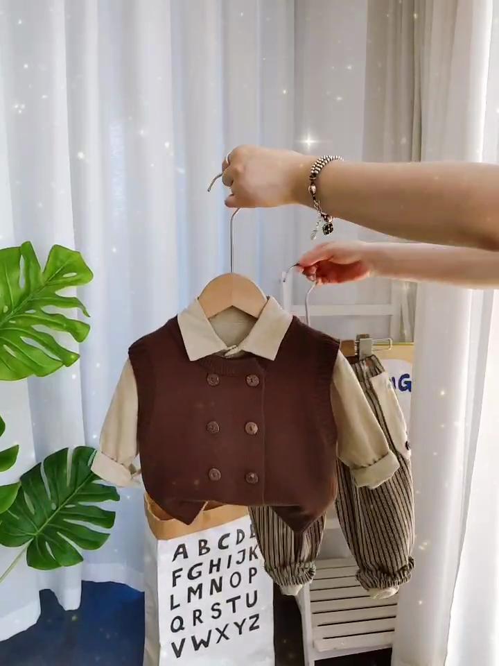 Boys' Spring and Autumn Set, Children's Double Breasted Knitted Vest, Casual Shirt, Striped Pants, 3-Piece Set
