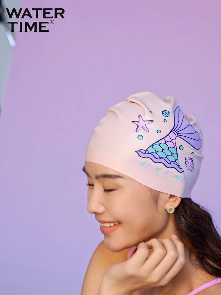 WATERTIME Silicone Swimming Cap, Large Size for Long Hair, Dreamy Mermaid Design, White