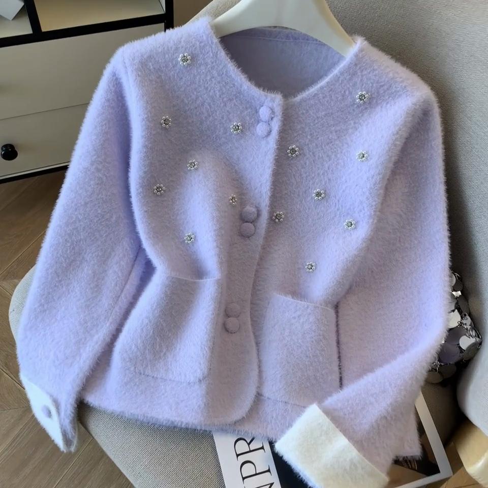 Elegant Fashion Autumn Winter Women Knitted Cardigan White Pink Blue Purple Fluffy Knitting Coat Feminine Sweet Diamonds Ladies' Outerwear