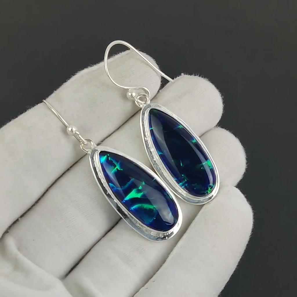 Dark Blue Triplet Fire Opal Gemstone Earrings, 925 Sterling Silver Earring, Handmade Boho Silver Jewelry Dangle Earrings, Mother's Day Gift