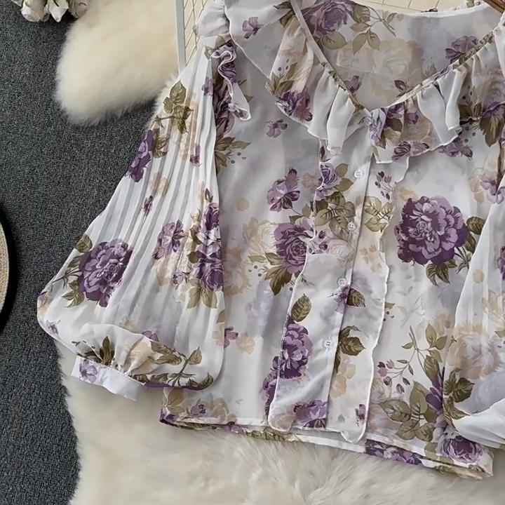 Chemises en mousseline de soie imprimées pour femmes, nouveau haut à volants doux, col en v, Design plissé, manches lanternes, début du printemps, 2024