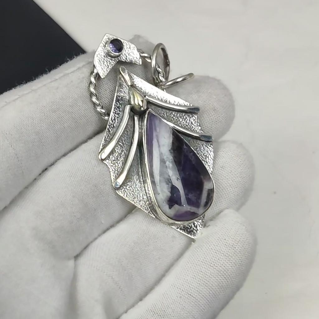 Natural Blue Scheelite Gemstone Silver Pendant in 925 Sterling Silver- Handmade Design, Everyday Wear Jewelry, Unique Black Spinal Pendant Gift