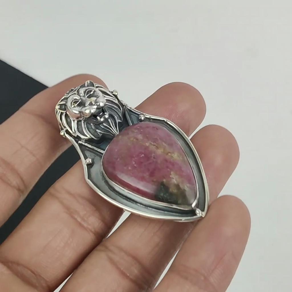 Naturak Rhodonite Gemstone Pendant 925 Sterling Silver- Handmade Design, Everyday Wear Jewelry, Unique Rhodonite Pendant Party Wear Gifts