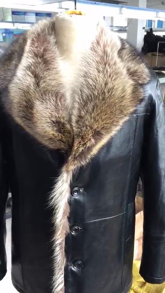 New Winter Raccoon Big Fur Collar Fur All-in-one Men's Mid-length Fur Thickened Coat Genuine Leather Coat