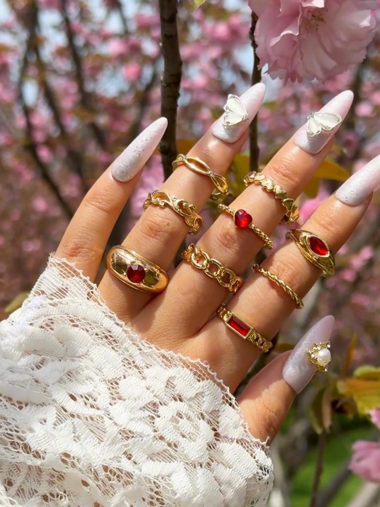 Korean Style 9-Piece Retro Colored Stone Metal Carved Fashionable Geometric Ring Set Suitable for Girls' Jewelry