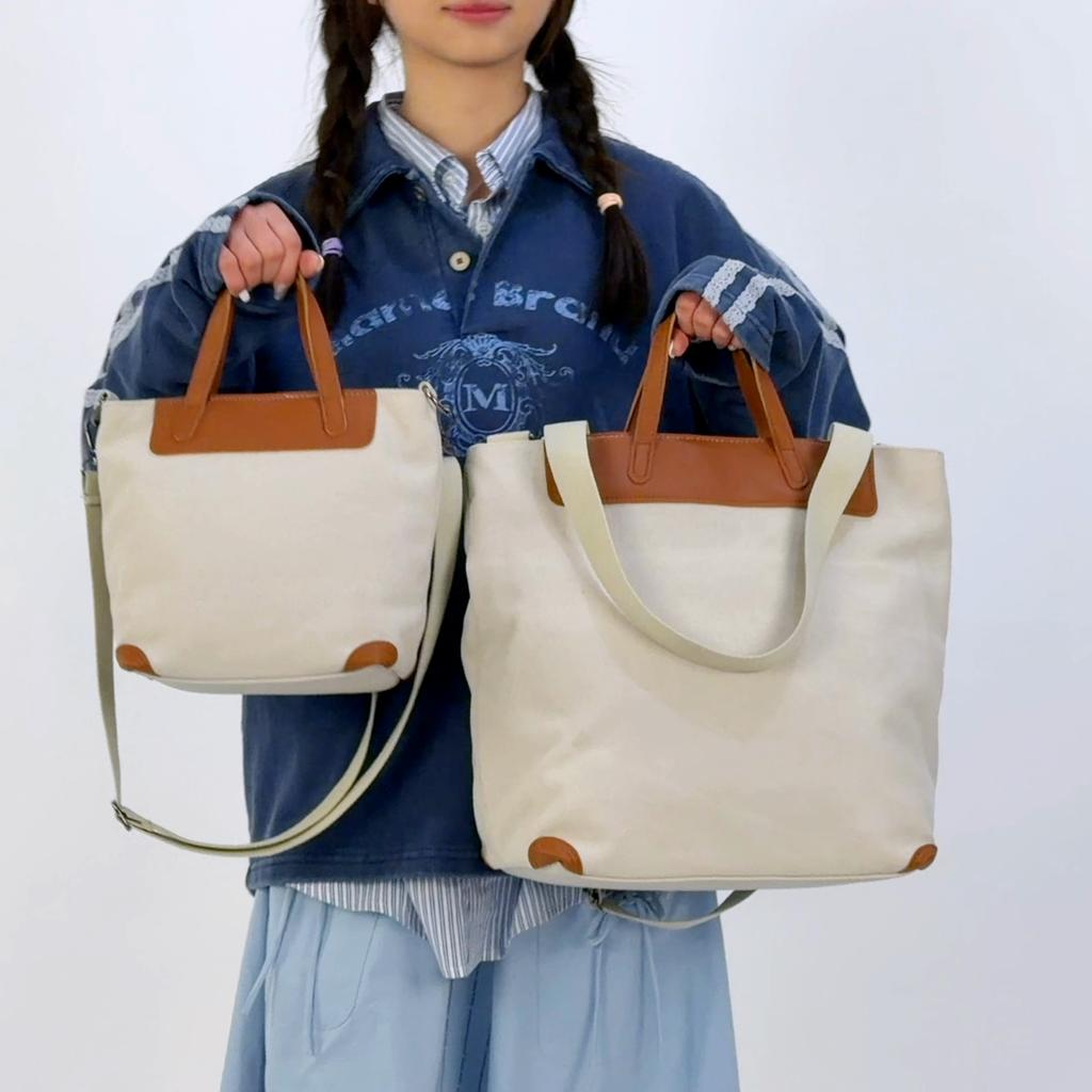 Canvas Tote Bag with Leather Trim and Adjustable Shoulder Strap Stylish Women's Handbag for Daily Use and Work
