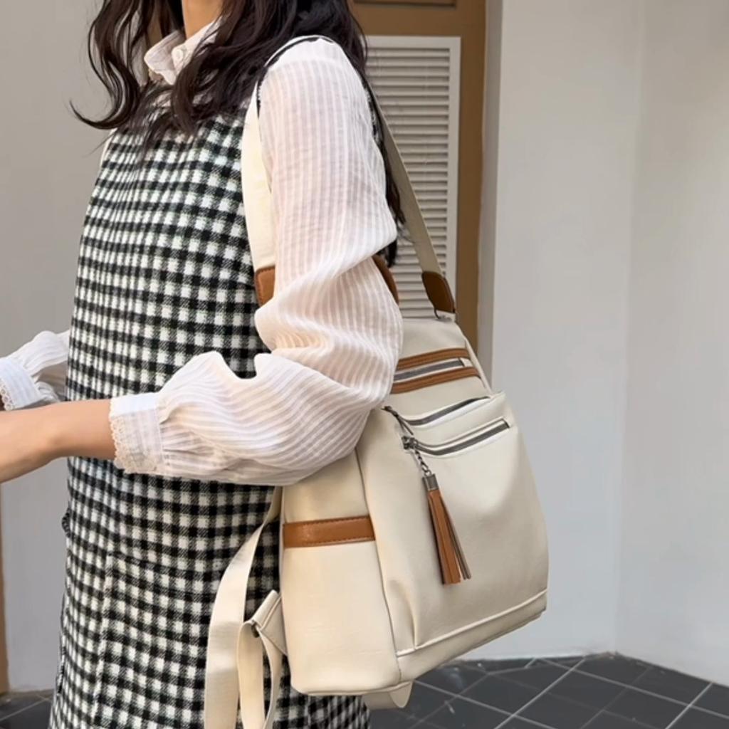 Women's Soft Leather Backpack Color Block Student Schoolbag Tassel Travel Bag