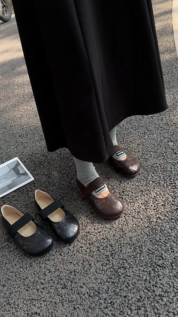Johnature Sapatos Mary Jane Femininos de Couro Genuíno com Elástico Casual de Couro de Vaca Macio Flats Confortáveis com Solado Macio