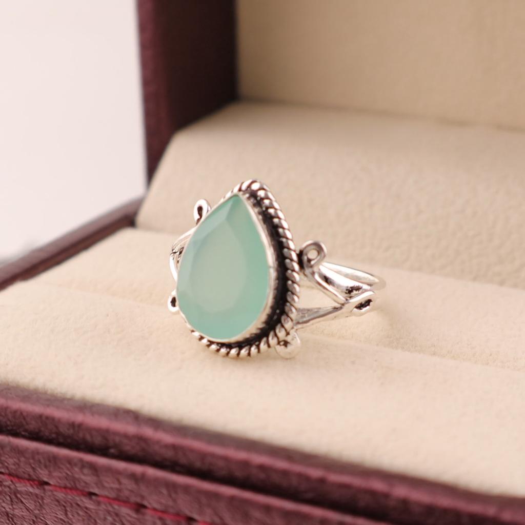 Natural Aqua Chalcedony Gemstone 925 Sterling Silver Jewelry Handcrafted Ring RR-57-21