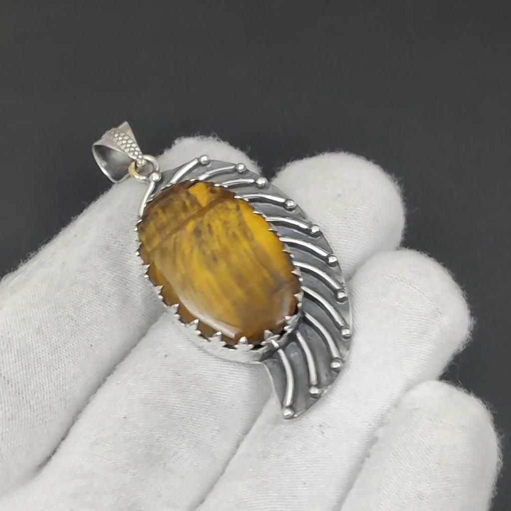 Natural Tiger Eye Gemstone Silver Pendant in 925 Sterling Silver- Handmade Design, Everyday Wear Jewelry, Unique Pendant Gift For Love