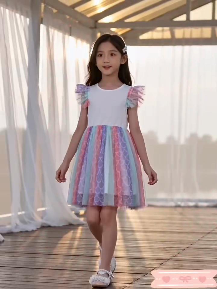 Comfort Princess Dress, Bubble Letter Print Mermaid Scale Tulle Skirt for Little Girls