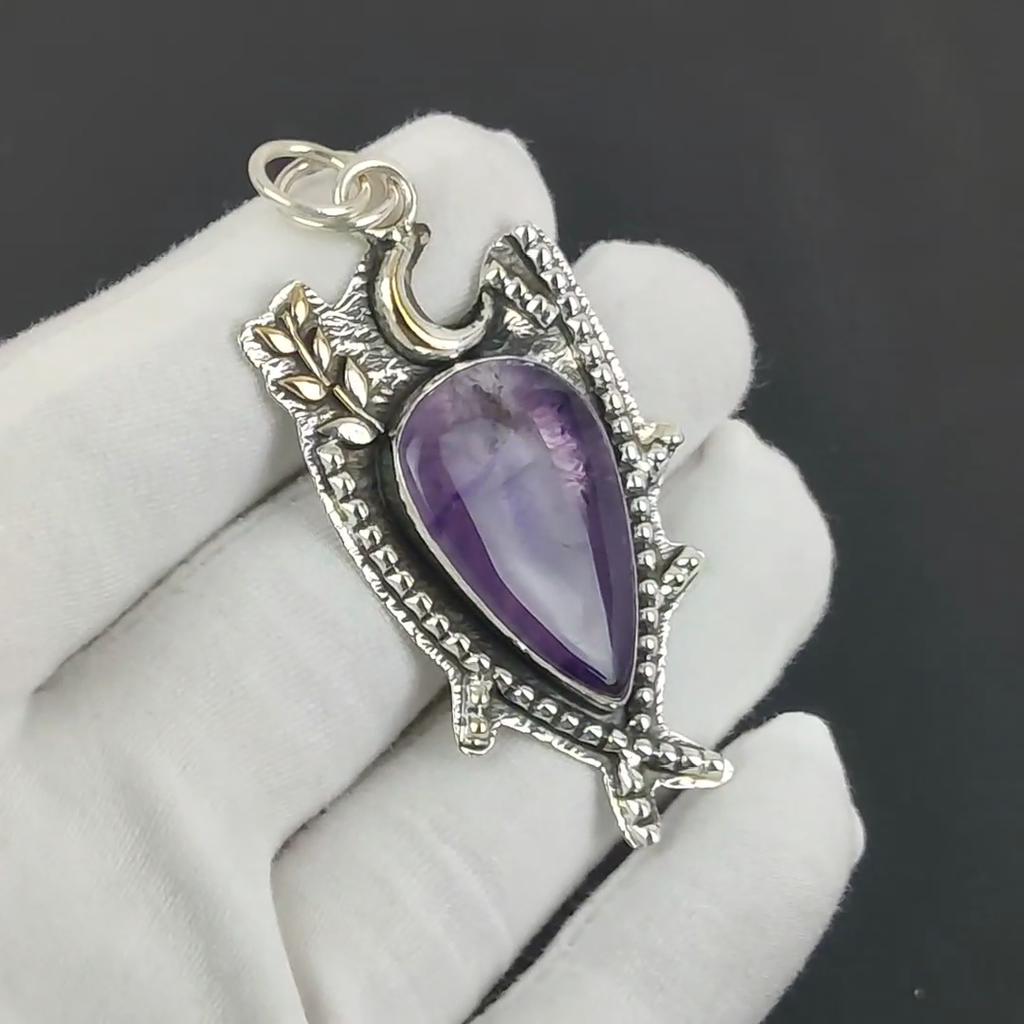 Natural Amethyst Gemstone Silver Pendant in 925 Sterling Silver- Handmade Design, Everyday Wear Jewelry, Unique Pendant Wadding Gift