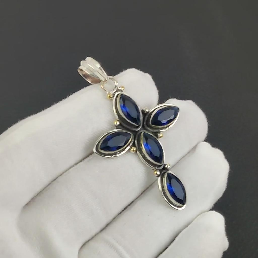 Blue Sapphire Gemstone Silver Cross Pendant in 925 Sterling Silver- Handmade Design, Everyday Wear Jewelry, Unique Pendant Gift For Her