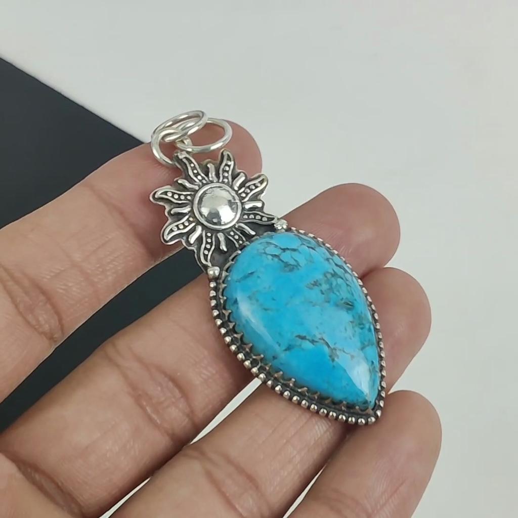 Pendentif Pierre Précieuse Turquoise Naturelle Argent Sterling 925 - Design Fait Main, Bijou à Porter au Quotidien, Pendentif Turquoise Unique Cadeaux de Mariage