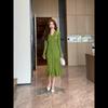 Elegant Fashion Autumn Winter Women Midi Trumpet Dress V Neck Green Black Beige Knitting Shirt Dress Ruffles Knitted Mermaid Dress