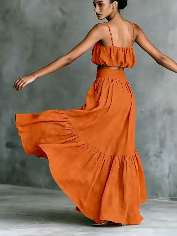 Women's Camisole Top and Pleated Maxi Skirt Two Piece Set High Waist Summer Vacation Outfit