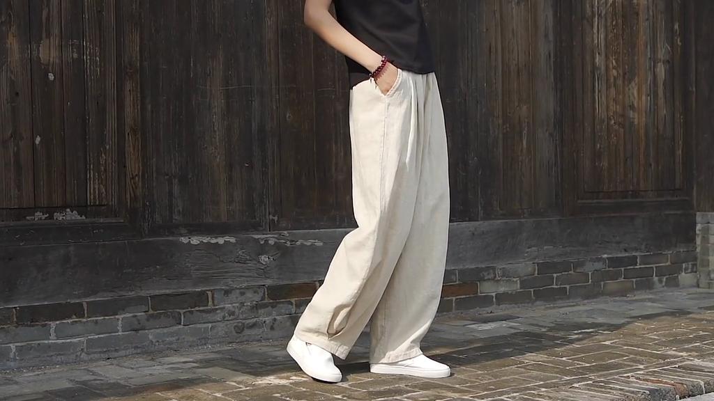 Johnature Women Vintage Solid Color Long Pants Linen Elastic Wasit Spring Trouser Pockets Loose Women Straight Pants