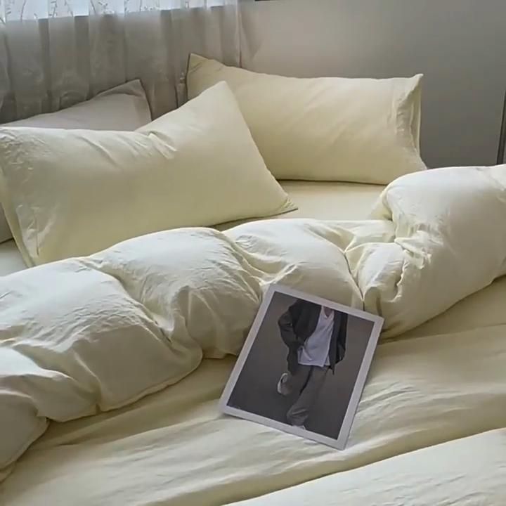 Bed Sheet Quilt Cover Nude Sleeping Pure Cotton Four-piece Set Washed Cotton Soft Bed Sheet Quilt Cover Solid Color Bedding