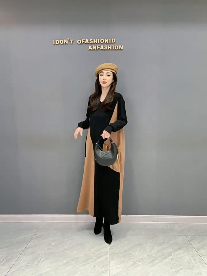 Xitao Patchwork V-neck Knitting Dress Loose Contrast Color Dress HQQ1858