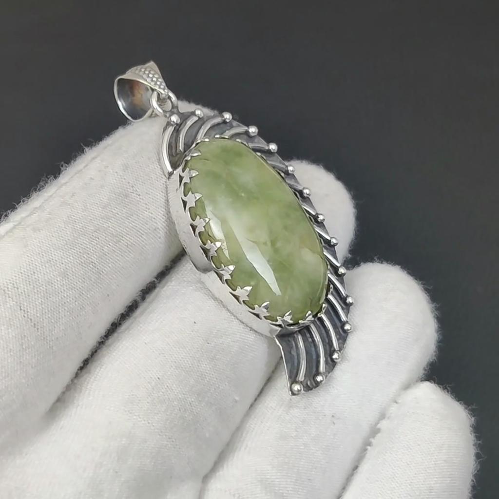Natural Prehnite Gemstone Silver Pendant in 925 Sterling Silver- Handmade Design, Everyday Wear Jewelry, Unique Pendant Gift For Her