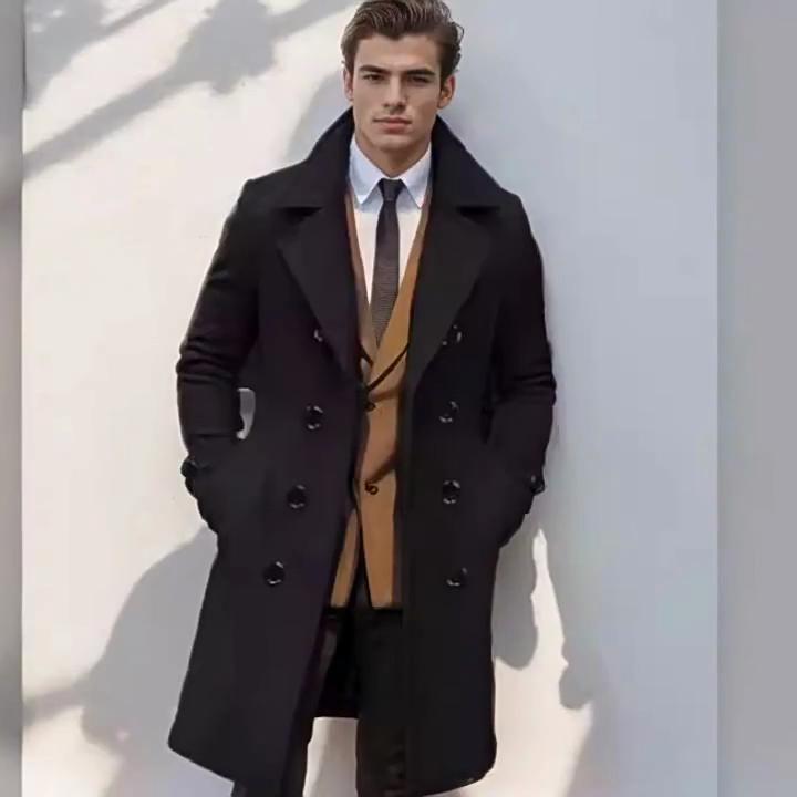 Autumn and Winter Men's Casual Long Woolen Collar Multi Pocket Double Breasted Coat Jacket