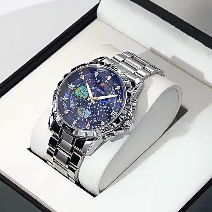 Men's Watch Business Steel Belt Starry Sky Oil Painting Waterproof Night Light Calendar Men's Fashion Quartz Clock Watch