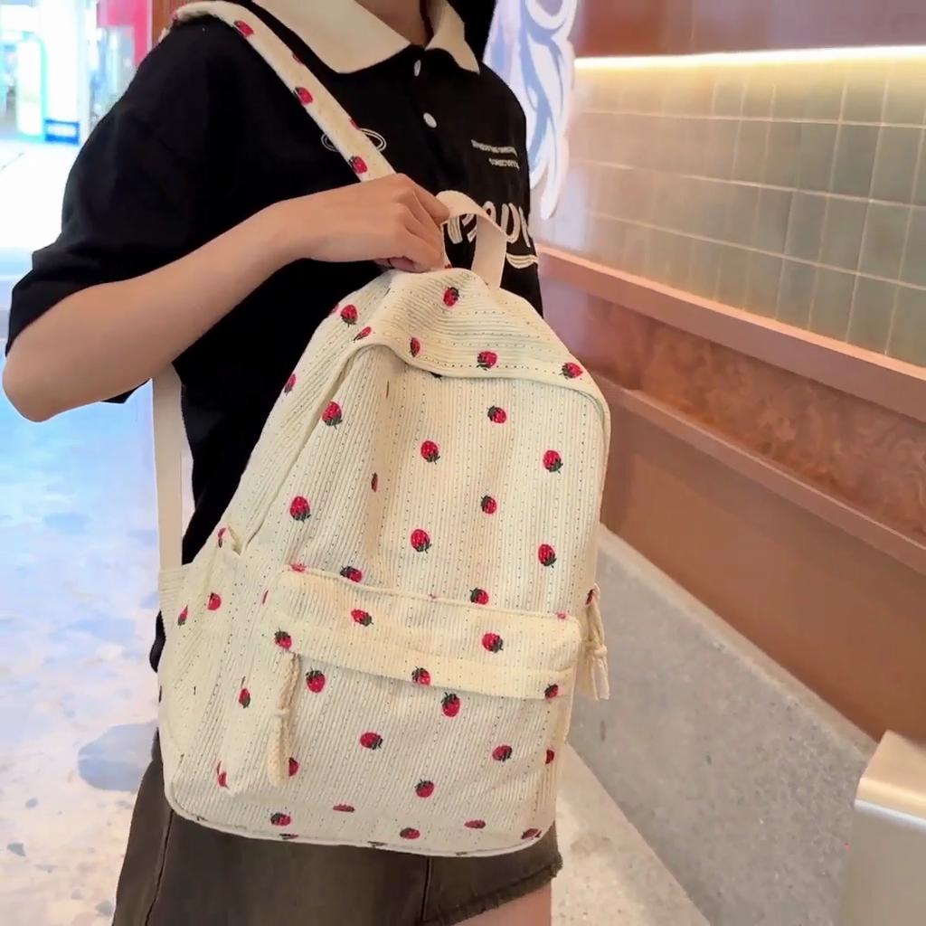 Women's Corduroy Backpack Strawberry Print Student Schoolbag
