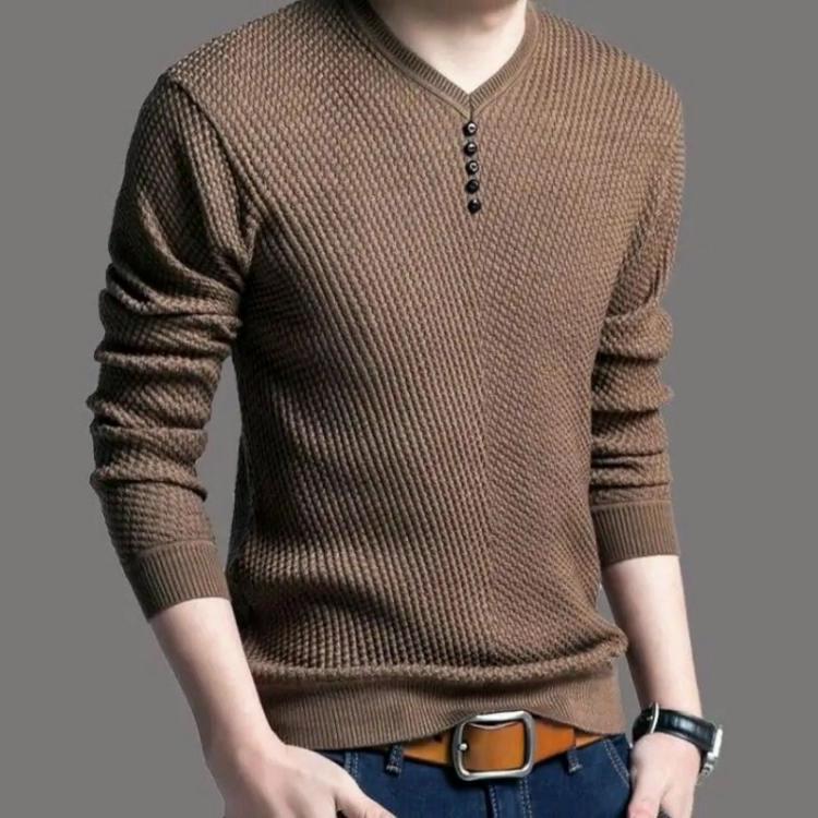 Spring Autumn Korean Knitted Pullovers Slim Fashion Button Casual V-Neck Men's Clothing Solid Color Basic Long Sleeve T-shirts