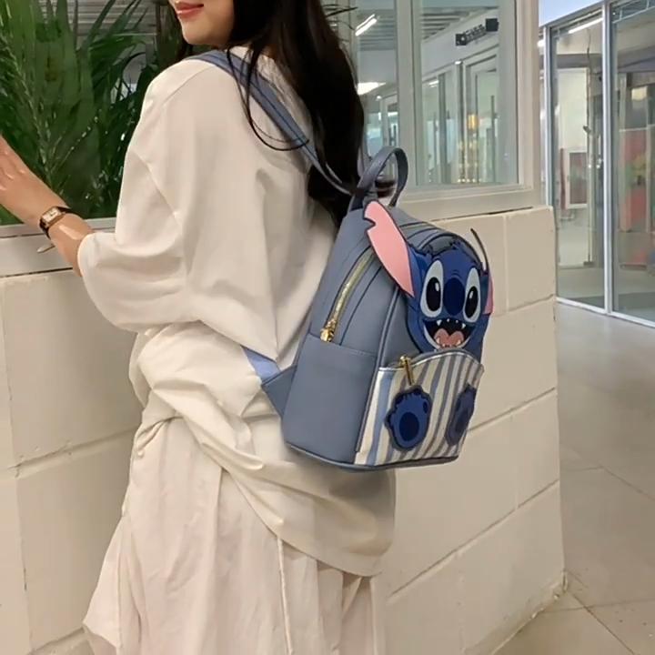 Stitch Blue Embroidery Small Book Bag With Zipper Closure For Teen Girls