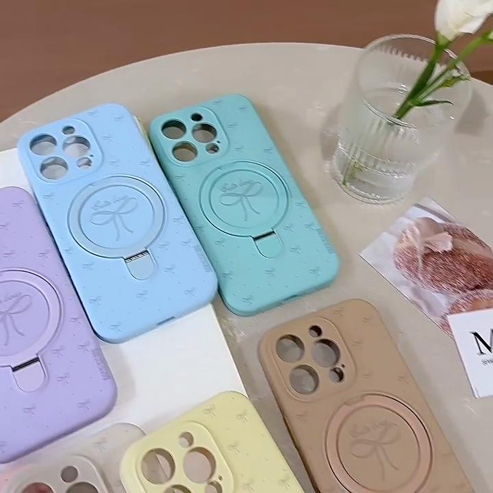 MagSafe Bowknot Silicone Phone Case with Ring Holder, Cute Macaron Color Kickstand Cover for iPhone