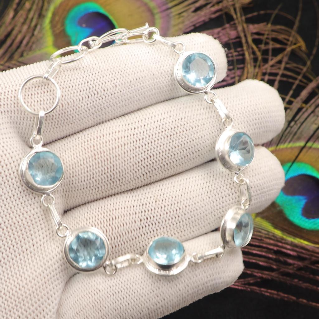 Natural Sky Blue Topaz Gemstone 925 Sterling Silver Jewelry Handcrafted Bracelet RB-13-4