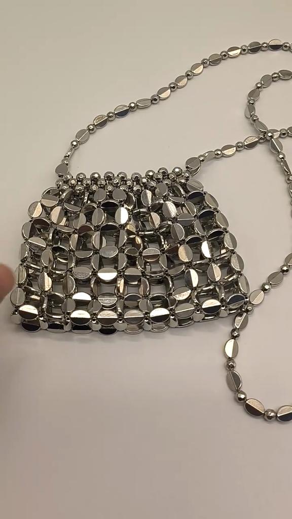 Women's Metallic Sequin Dumpling Bag, Handmade Beaded Woven Acrylic Crossbody Bag, Retro Shiny Shoulder Bag Phone Bag