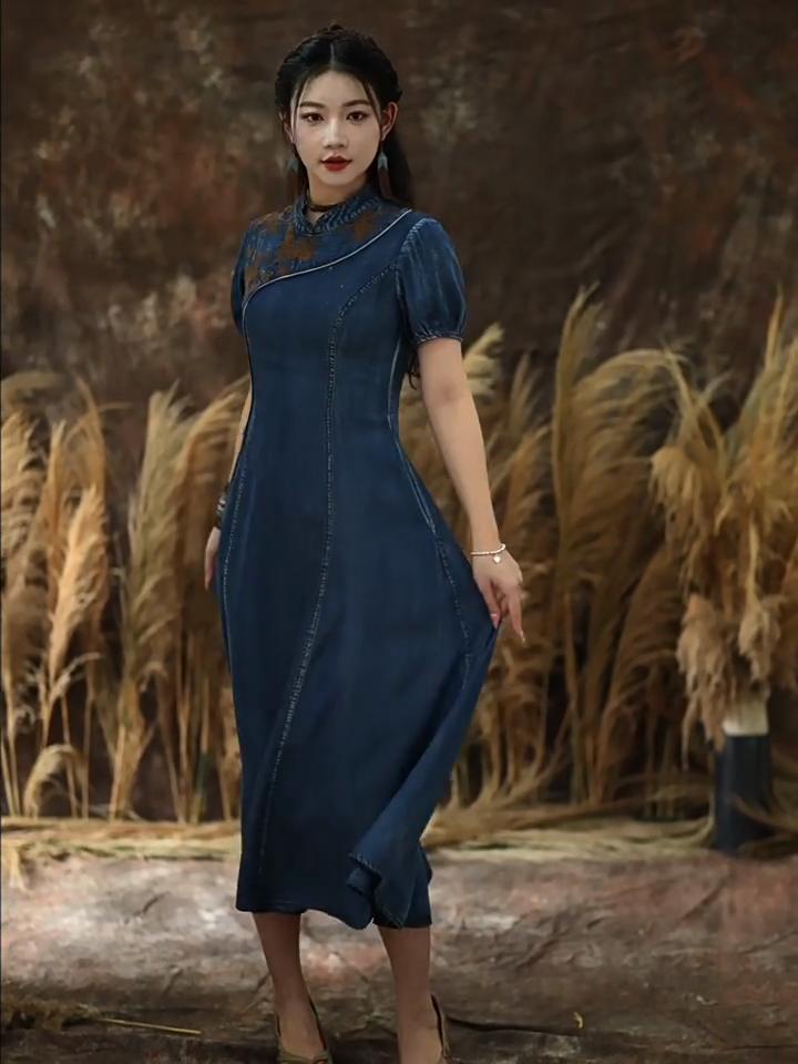 Johnature Abito casual vintage cheongsam stile cinese Abito estivo con colletto a maniche corte ricamato da donna