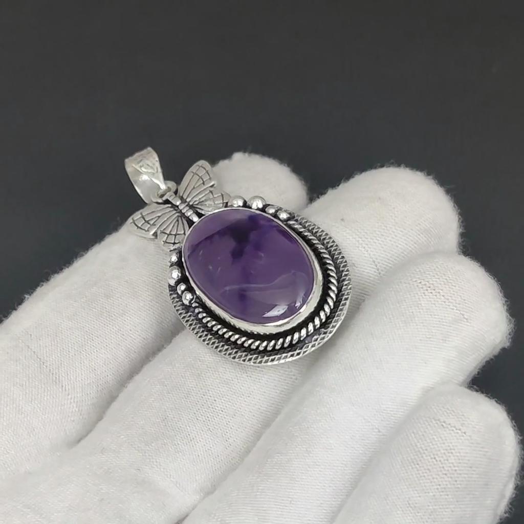 Natural Amethyst Gemstone Silver Pendant In 925 Sterling Silver- Handmade Butterfly Design, Everyday Wear Jewelry, Unique Pendant Wadding Gift