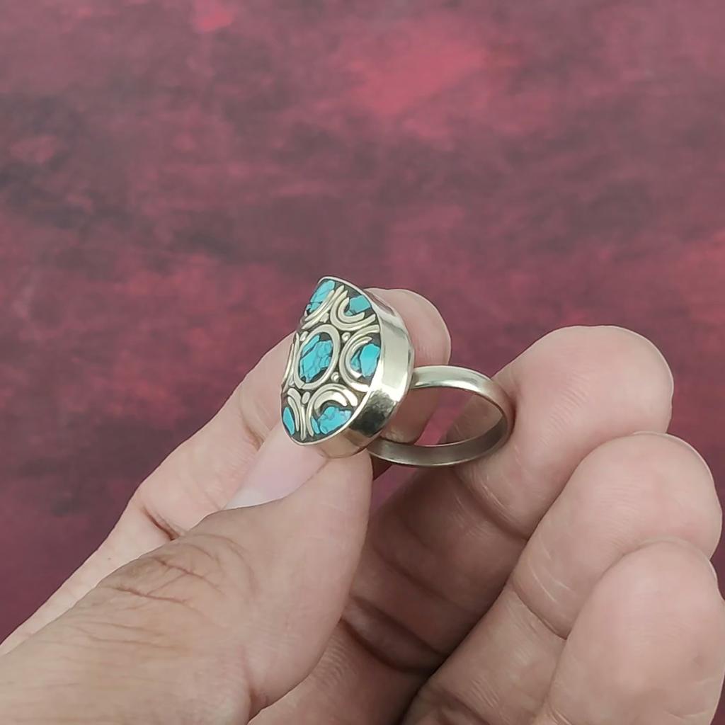 Blue Turquoise Solid Sterling Silver Nepali Ring, Handmade Gemstone Ring Jewelry, Gifts For Mother Brand New Adjustable Ring