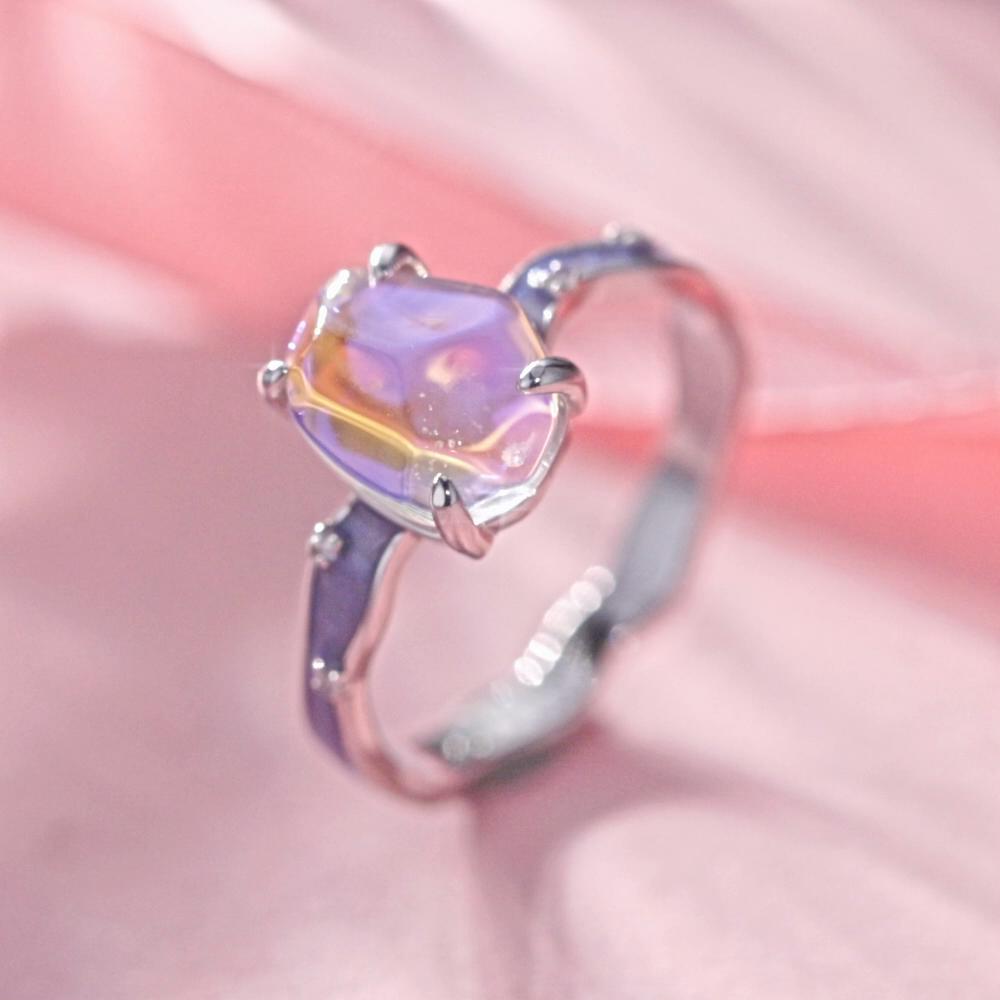 BAMOER Inel din argint 925 purpuriu piatră Aurora Inel cu bandă ondulată pentru femei, cadou pentru petrecere, bijuterii fine