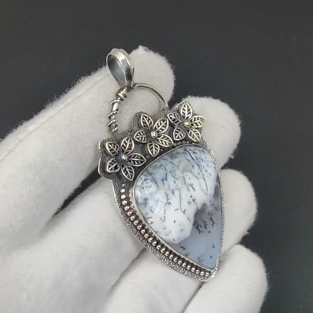 Natural Dendrite Opal Gemstone Silver Pendant In 925 Sterling Silver- Handmade Flower Design, Everyday Wear Jewelry, Unique Pendant Thanksgiving Gift