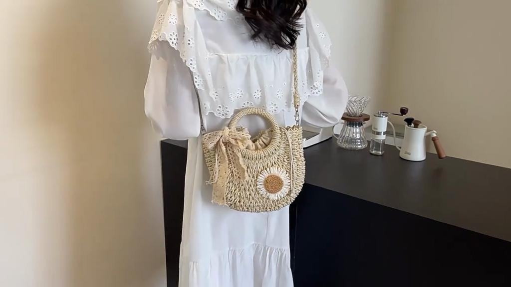 Yogodlns Women Straw Summer Beach Small Drawstring Shoulder Bag Fashion Woven Floral Decor Travel Half-moon Crossbody Bag