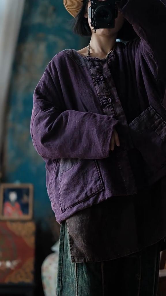 Johnature Vintage Women Purple O-Neck Long Sleeve Autumn Coats Button Patchwork Pockets Coats