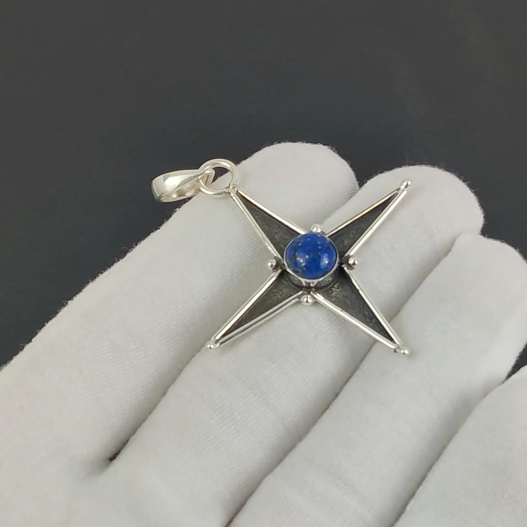 Natürlicher Lapislazuli Edelstein Silberanhänger in 925 Sterlingsilber - Handgefertigtes Sterndesign, Alltagsschmuck, Einzigartiger handwerklicher Designanhänger Geschenk